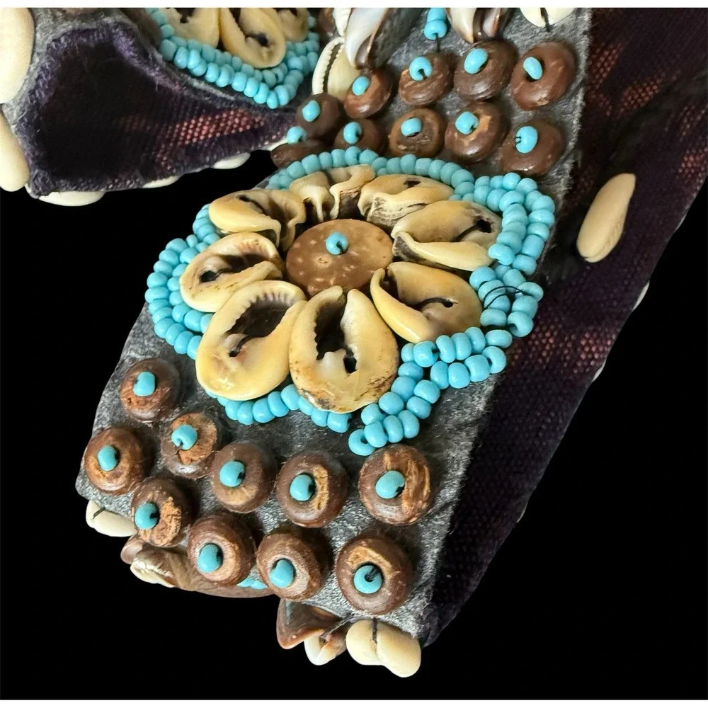 VTG Kuba (African) Beaded Cowrie Shell & Blue Bead Tie Belt Ceremonial  Art
